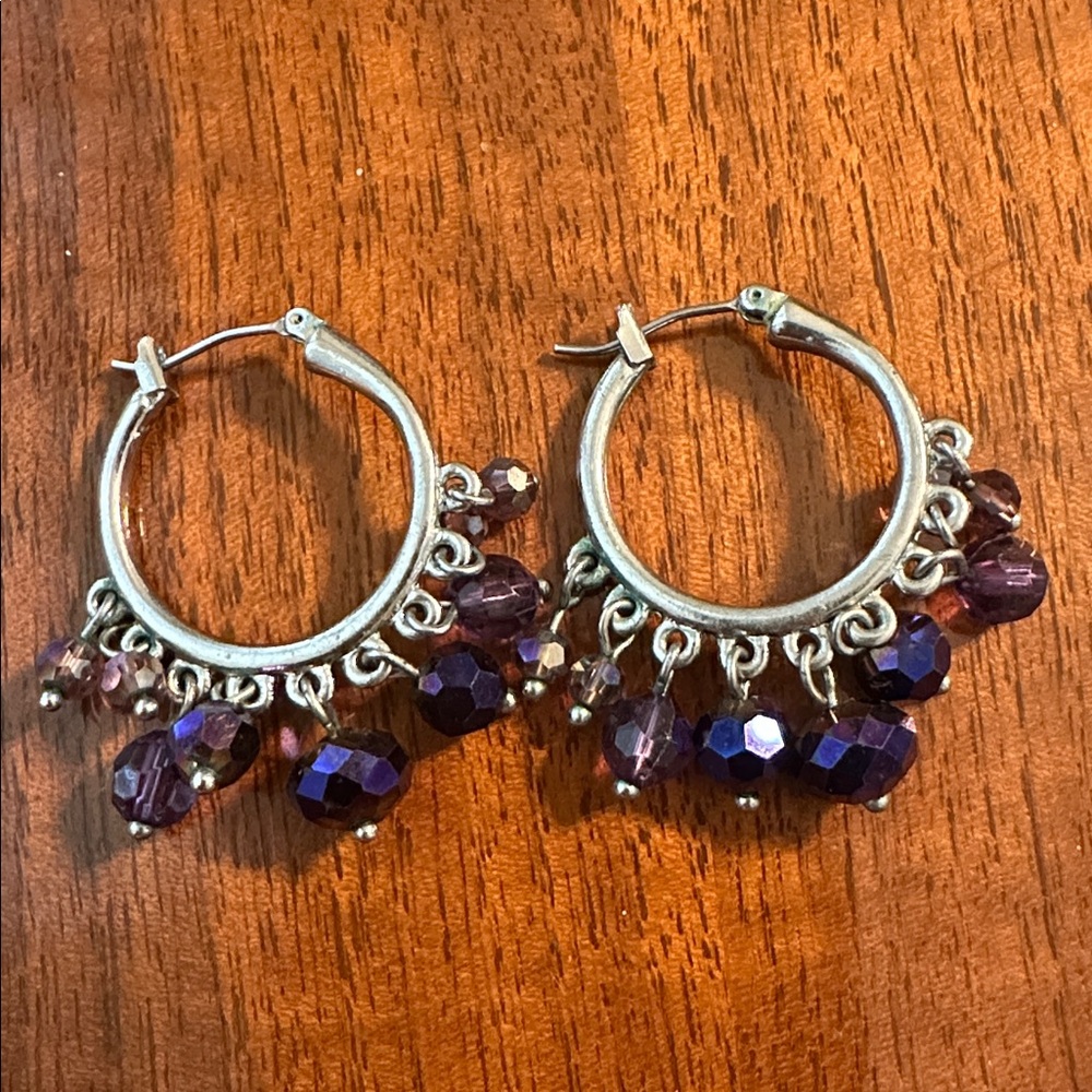 Vintage silver-tone bohemian style hoop earrings with purple beaded‎ accents